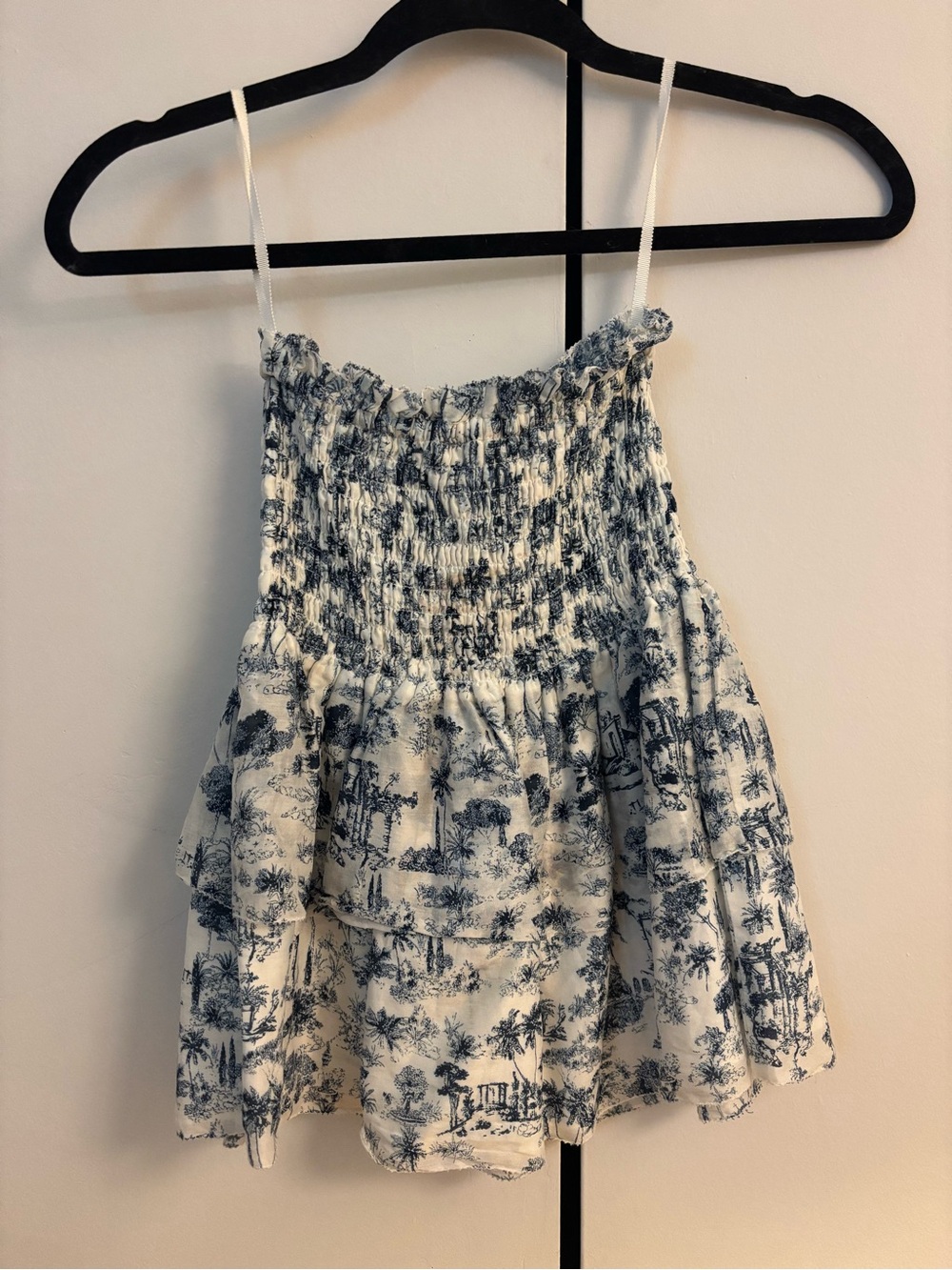 Smocked Tiered Mini Skirt or strapless top in Blue Toile